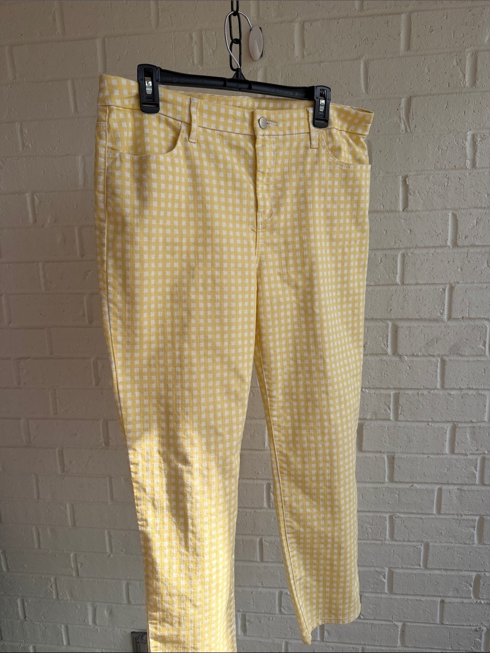 Chico’s Perfect Stretch Girlfriend Slim Leg Ankle Yellow Gingham Jeans Size L/12